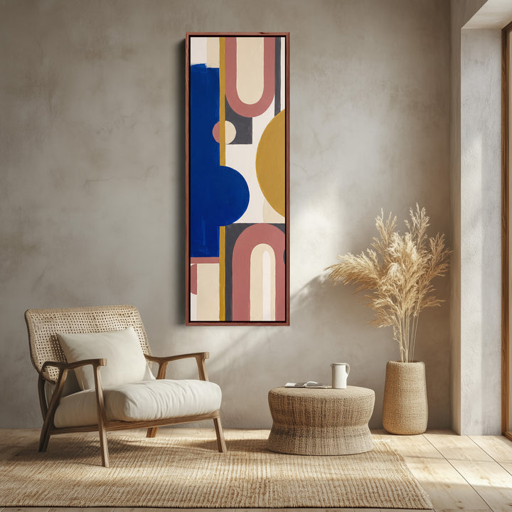 Bold Bauhaus Arches Vertical Wall Art in Cobalt Blue for Living Room canvas shown in a walnut frame