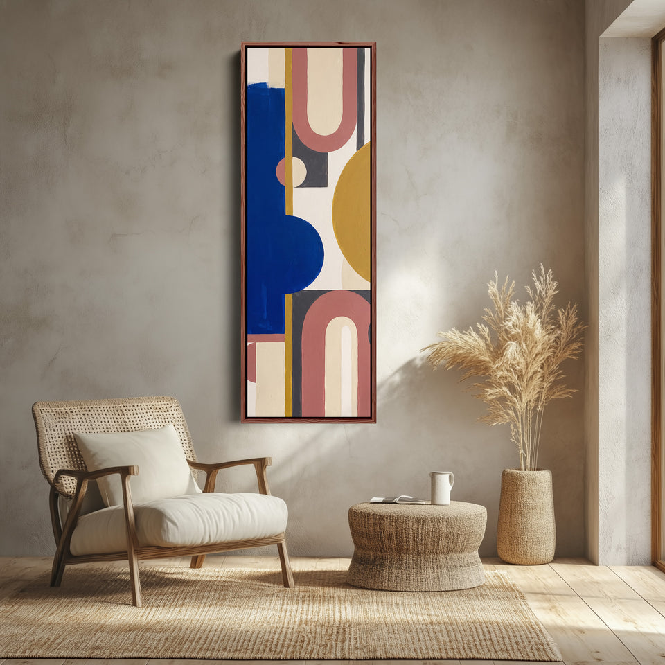 Bold Bauhaus Arches Vertical Wall Art in Cobalt Blue for Living Room canvas shown in a walnut frame