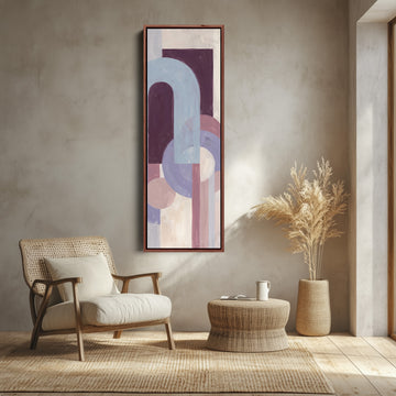 Bedroom Wall Art Tall Bauhaus Arches in Lilac and Plum canvas shown in a walnut frame