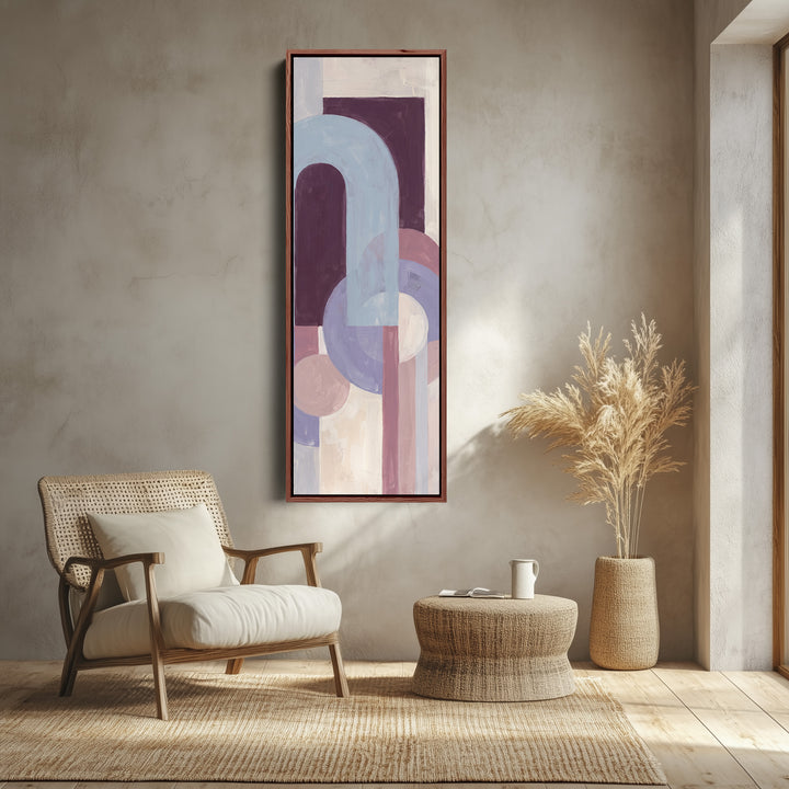 Bedroom Wall Art Tall Bauhaus Arches in Lilac and Plum canvas shown in a walnut frame