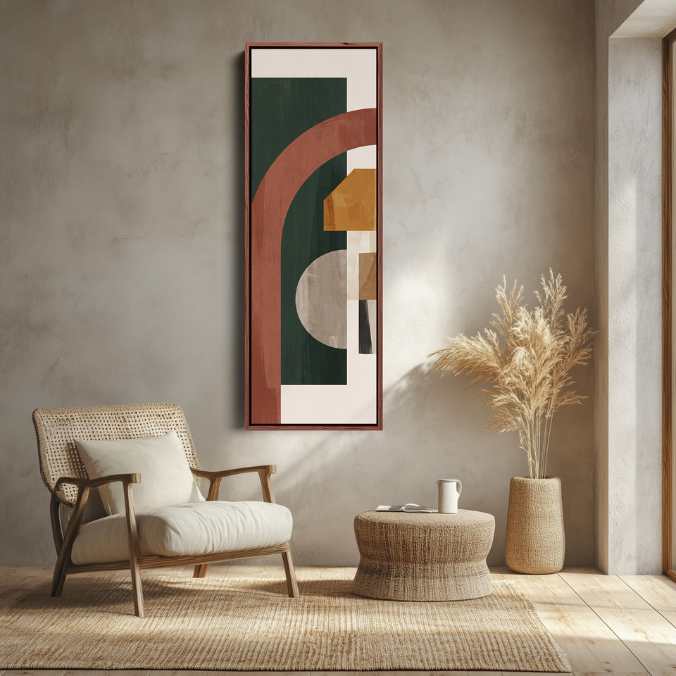 Long Narrow Wall Art Rust Arch on Forest Green Bauhaus for Office canvas shown in a walnut frame