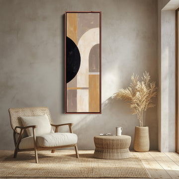 Neutral Bauhaus Arches Tall Narrow Wall Art for Hallway canvas shown in a walnut frame