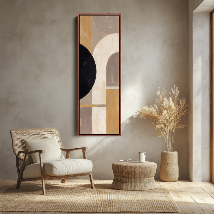 Neutral Bauhaus Arches Tall Narrow Wall Art for Hallway canvas shown in a walnut frame