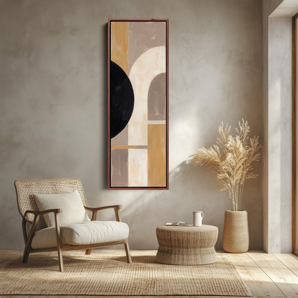 Neutral Bauhaus Arches Tall Narrow Wall Art for Hallway canvas shown in a walnut frame