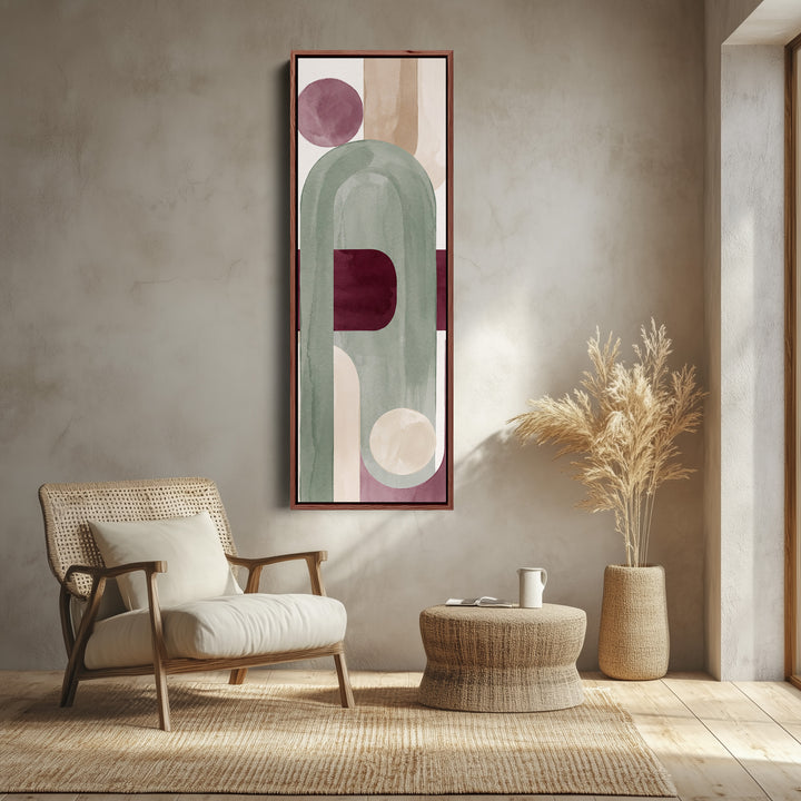 Soft Modern Sage Arch Vertical Wall Art with Burgundy Accent for Living Room canvas shown in a walnut frame