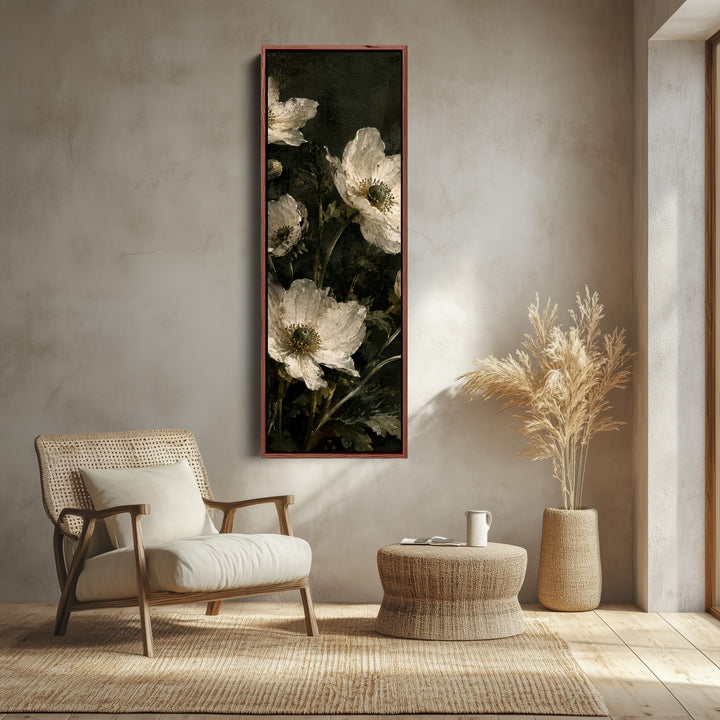 Tall Narrow Wall Art White Anemones Vintage Still Life for Dining Room canvas shown in a walnut frame