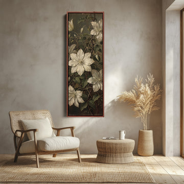 White Clematis on Dark Vertical Wall Art Vintage Botanical for Living Room canvas shown in a walnut frame