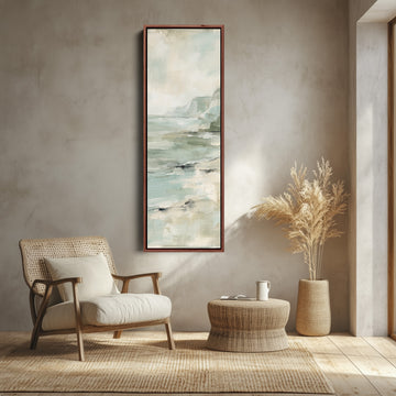 Calm Coastal Cliffs and Sea Tall Wall Art for Bedroom canvas shown in a walnut frame