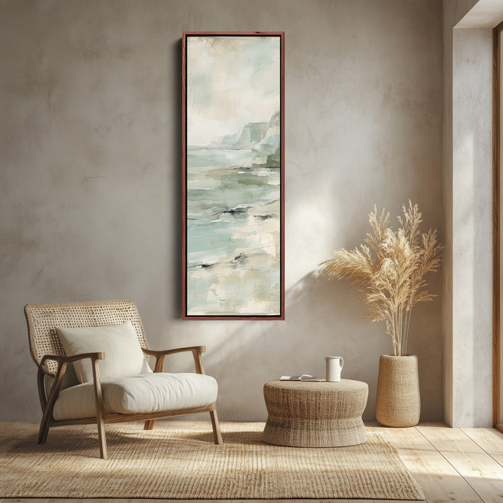 Calm Coastal Cliffs and Sea Tall Wall Art for Bedroom canvas shown in a walnut frame