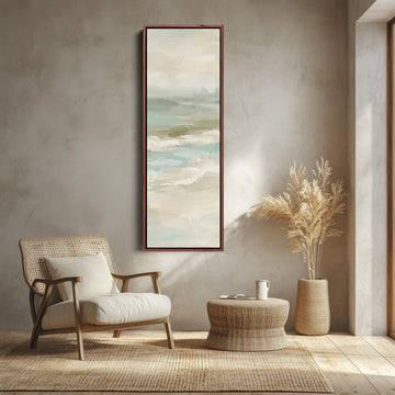 Hallway Wall Art Tall Narrow Misty Seascape in Sage and Sand canvas shown in a walnut frame