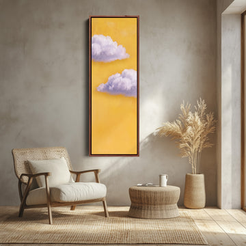 Vertical Wall Art Lilac Clouds on Yellow for Kids Room canvas shown in a walnut frame