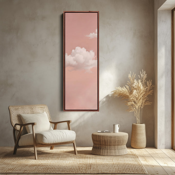 Clouds on Blush Pink Tall Wall Art for Bedroom canvas shown in a walnut frame