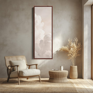Soft Neutral Billowing White Clouds Tall Narrow Wall Art for Living Room canvas shown in a walnut frame