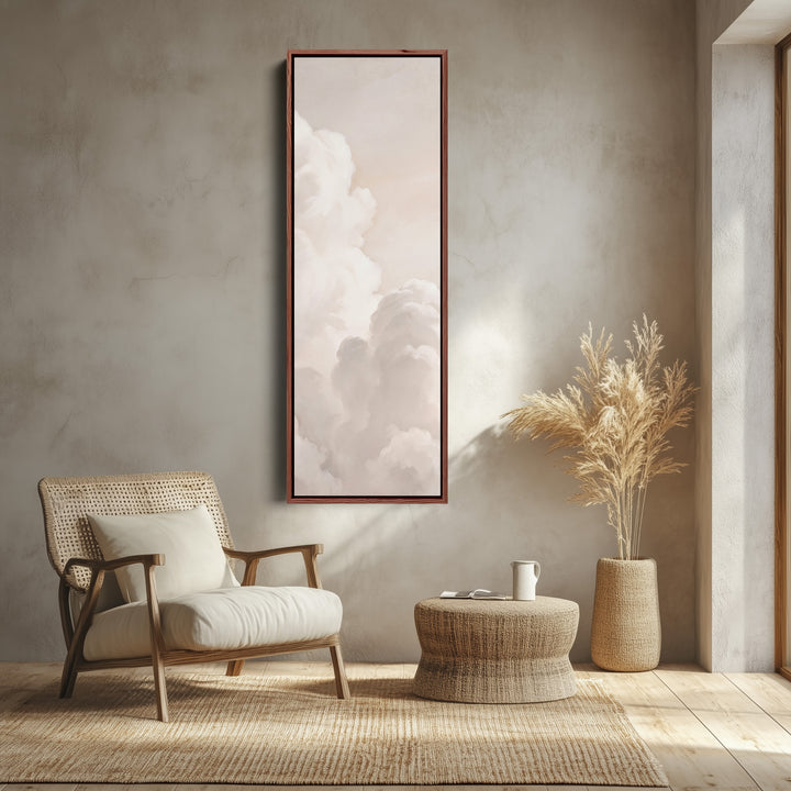 Soft Neutral Billowing White Clouds Tall Narrow Wall Art for Living Room canvas shown in a walnut frame