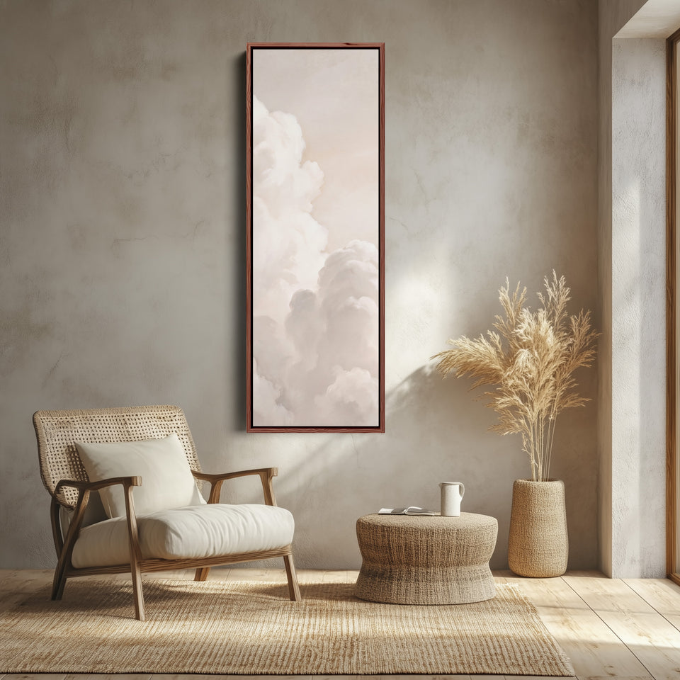 Soft Neutral Billowing White Clouds Tall Narrow Wall Art for Living Room canvas shown in a walnut frame
