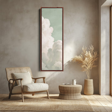 Bedroom Wall Art Vertical White Clouds on a Mint Sky canvas shown in a walnut frame