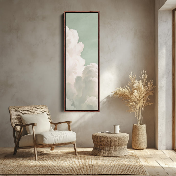 Bedroom Wall Art Vertical White Clouds on a Mint Sky canvas shown in a walnut frame