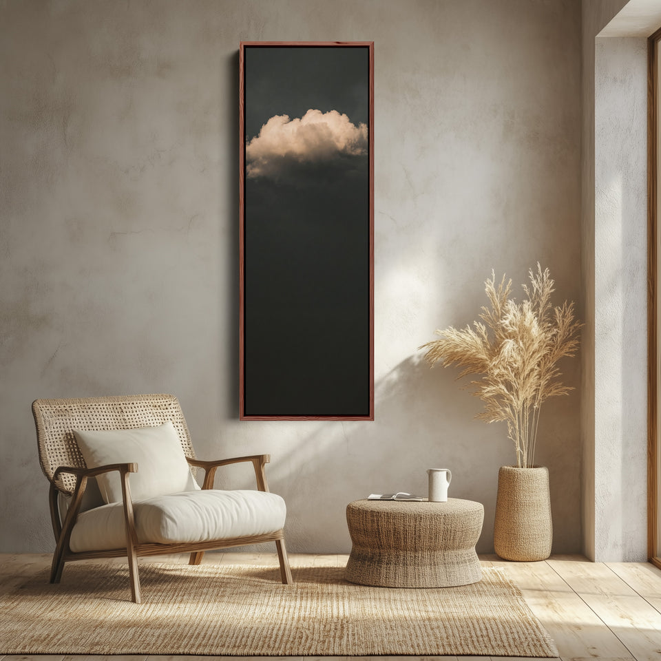 Tall Wall Art Single Cloud on Charcoal Minimalist for Office canvas shown in a walnut frame