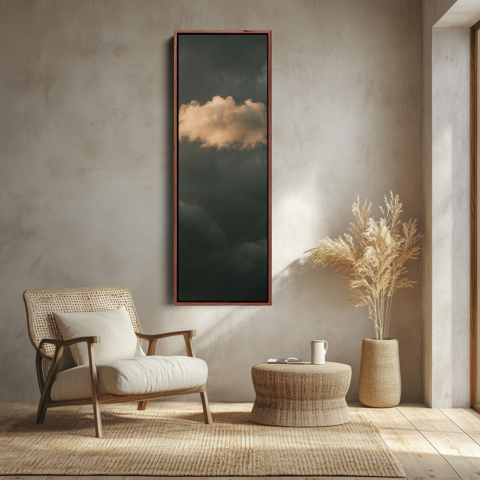 Golden Cloud on Dark Green Tall Narrow Wall Art for Living Room canvas shown in a walnut frame