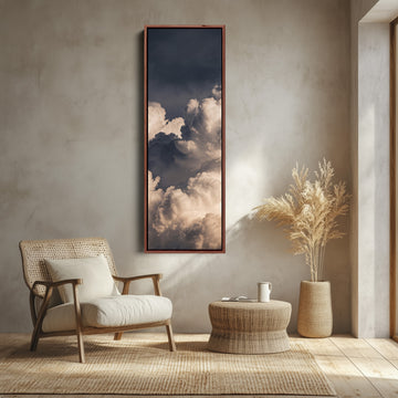 Dramatic Storm Clouds at Dusk Vertical Wall Art for Hallway canvas shown in a walnut frame