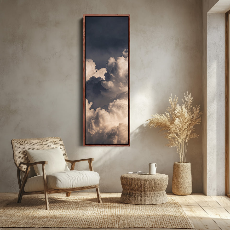 Dramatic Storm Clouds at Dusk Vertical Wall Art for Hallway canvas shown in a walnut frame