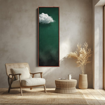 Living Room Wall Art Tall White Cloud on Emerald Green canvas shown in a walnut frame