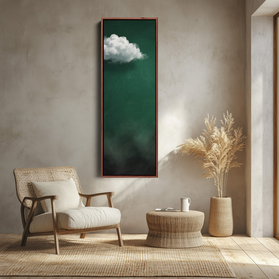 Living Room Wall Art Tall White Cloud on Emerald Green canvas shown in a walnut frame