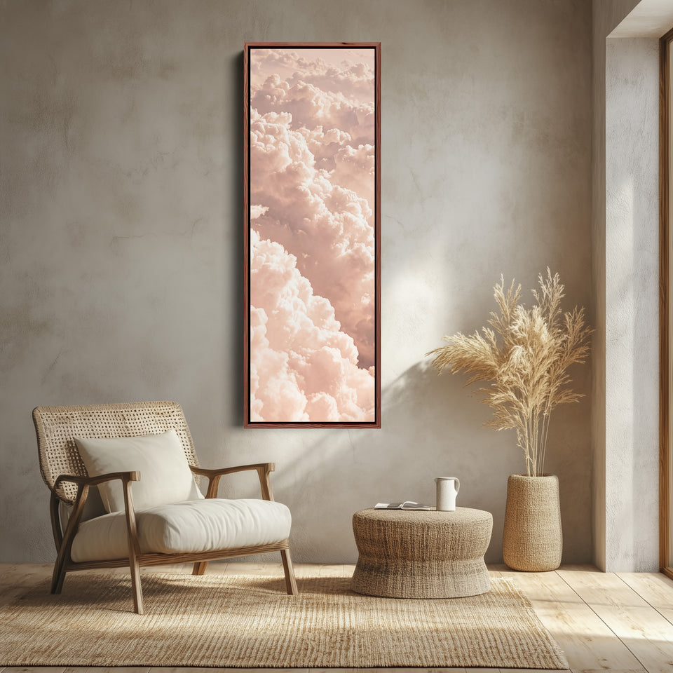 Long Narrow Wall Art Blush Pink Cloudscape for Bedroom canvas shown in a walnut frame