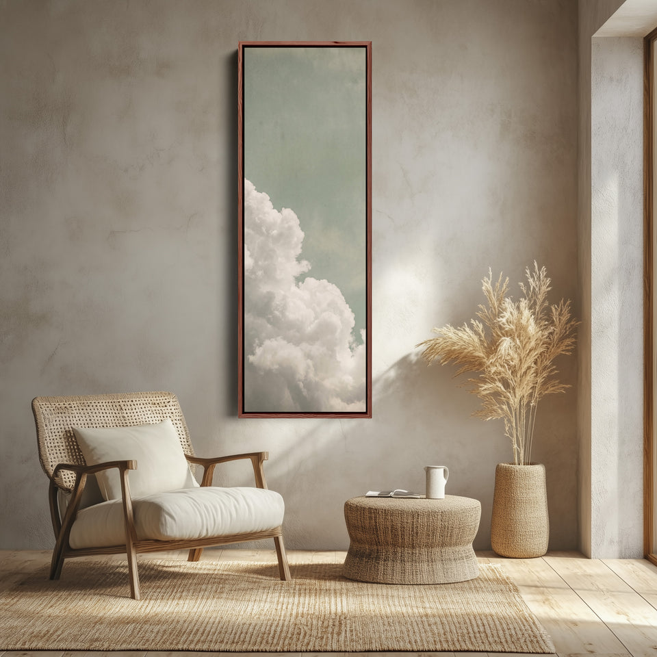White Clouds on a Sage Sky Vertical Wall Art for Living Room canvas shown in a walnut frame