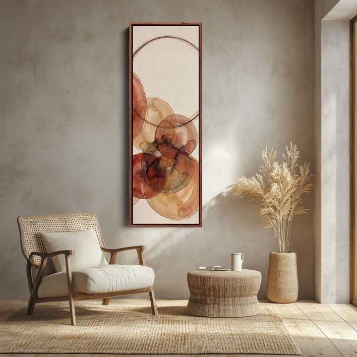 Warm Earthy Watercolor Circles Tall Narrow Wall Art for Living Room canvas shown in a walnut frame