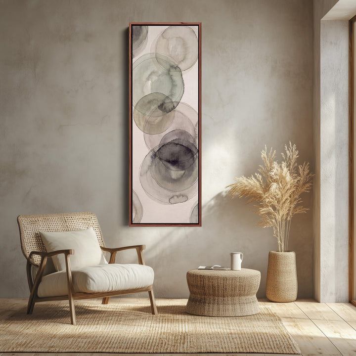 Office Wall Art Vertical Grey Watercolor Circles Abstract canvas shown in a walnut frame