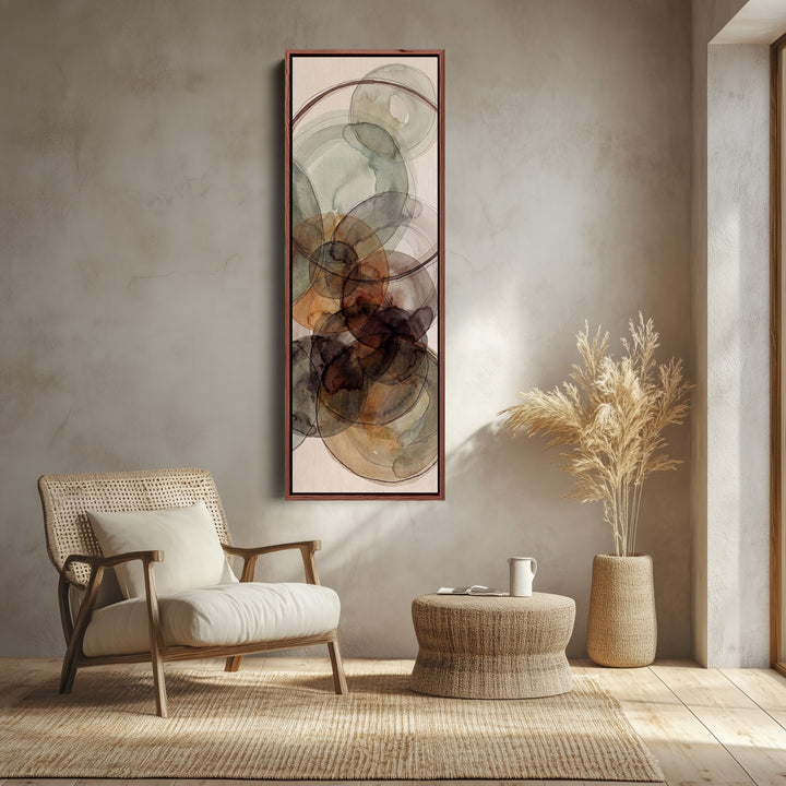 Tall Wall Art Rust and Sage Watercolor Circles Abstract for Dining Room canvas shown in a walnut frame