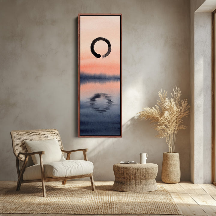 Enso Circle Over a Sunset Lake Tall Narrow Wall Art Japanese Style canvas shown in a walnut frame