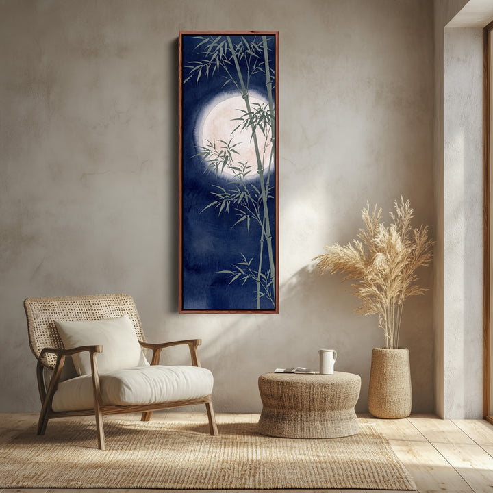 Peaceful Japanese Bamboo and Full Moon Vertical Wall Art for Bedroom canvas shown in a walnut frame