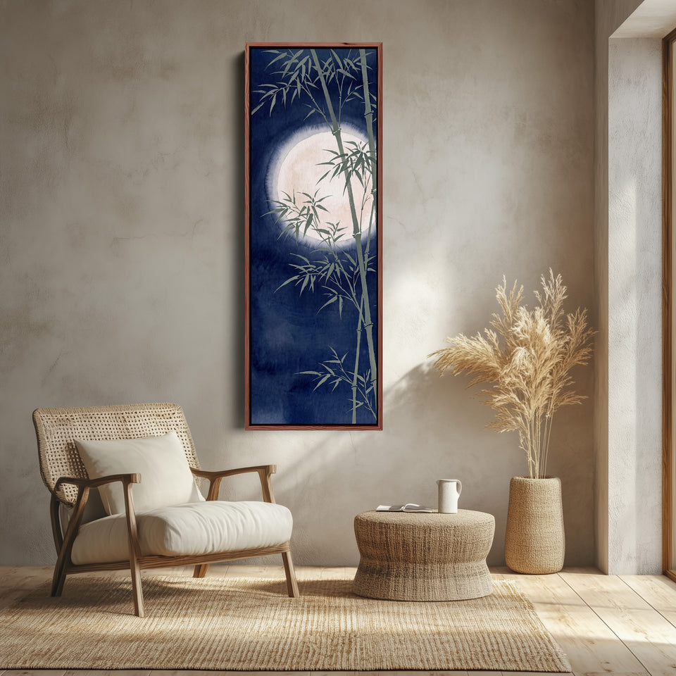 Peaceful Japanese Bamboo and Full Moon Vertical Wall Art for Bedroom canvas shown in a walnut frame
