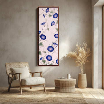 Living Room Wall Art Tall Narrow Blue Morning Glory Vines canvas shown in a walnut frame