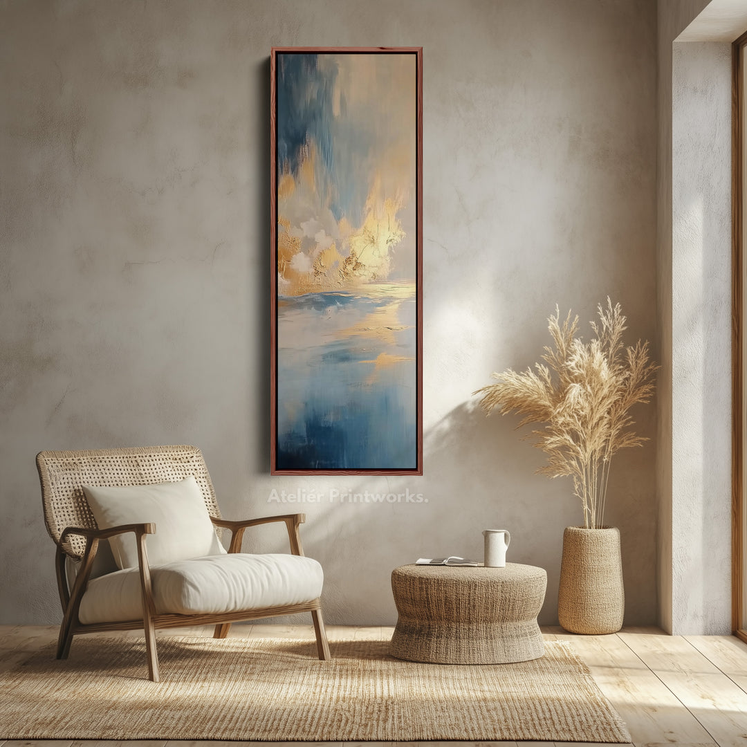 Large Framed Pictures - Abstract Blue & Gold Ocean Vertical Long Wall Art