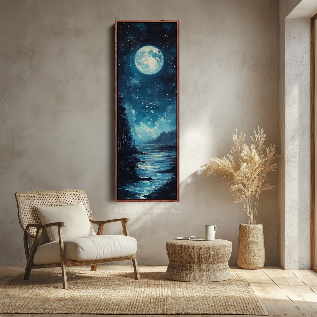 Moonlit Forest Night Vertical Narrow Long Wall Art Canvas