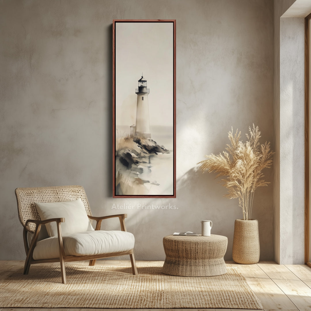 Grand tableau sur toile représentant un phare côtier, décor mural vertical, encadré.
