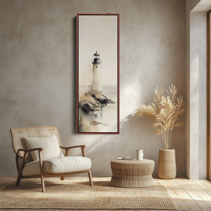 Grand tableau sur toile représentant un phare côtier, décor mural vertical, encadré.