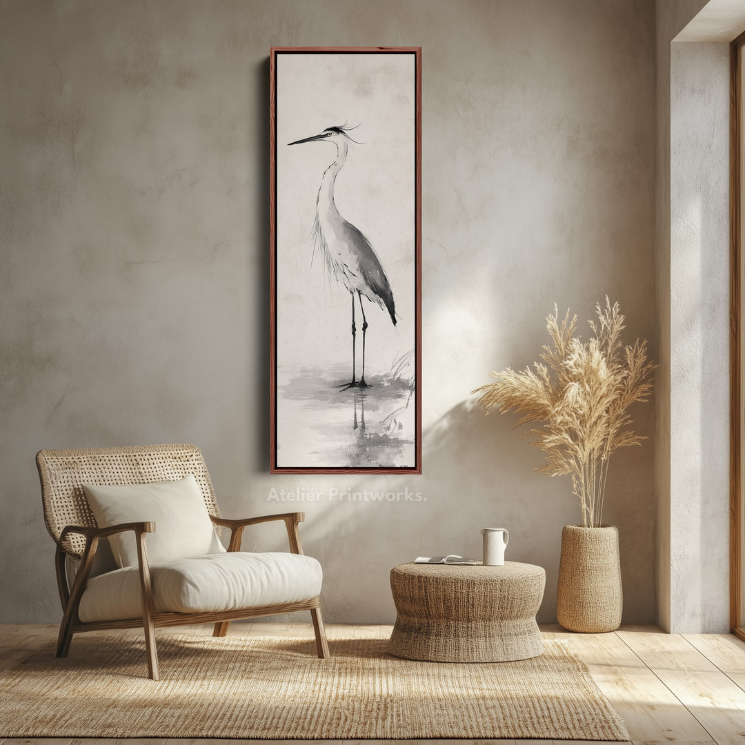 Neutral Heron Narrow Tall Wall Art Large Framed Picture