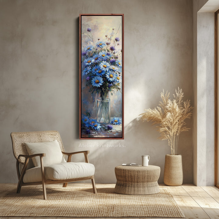 Blue Daisies Vertical Tall Wall Art Large Framed Canvas