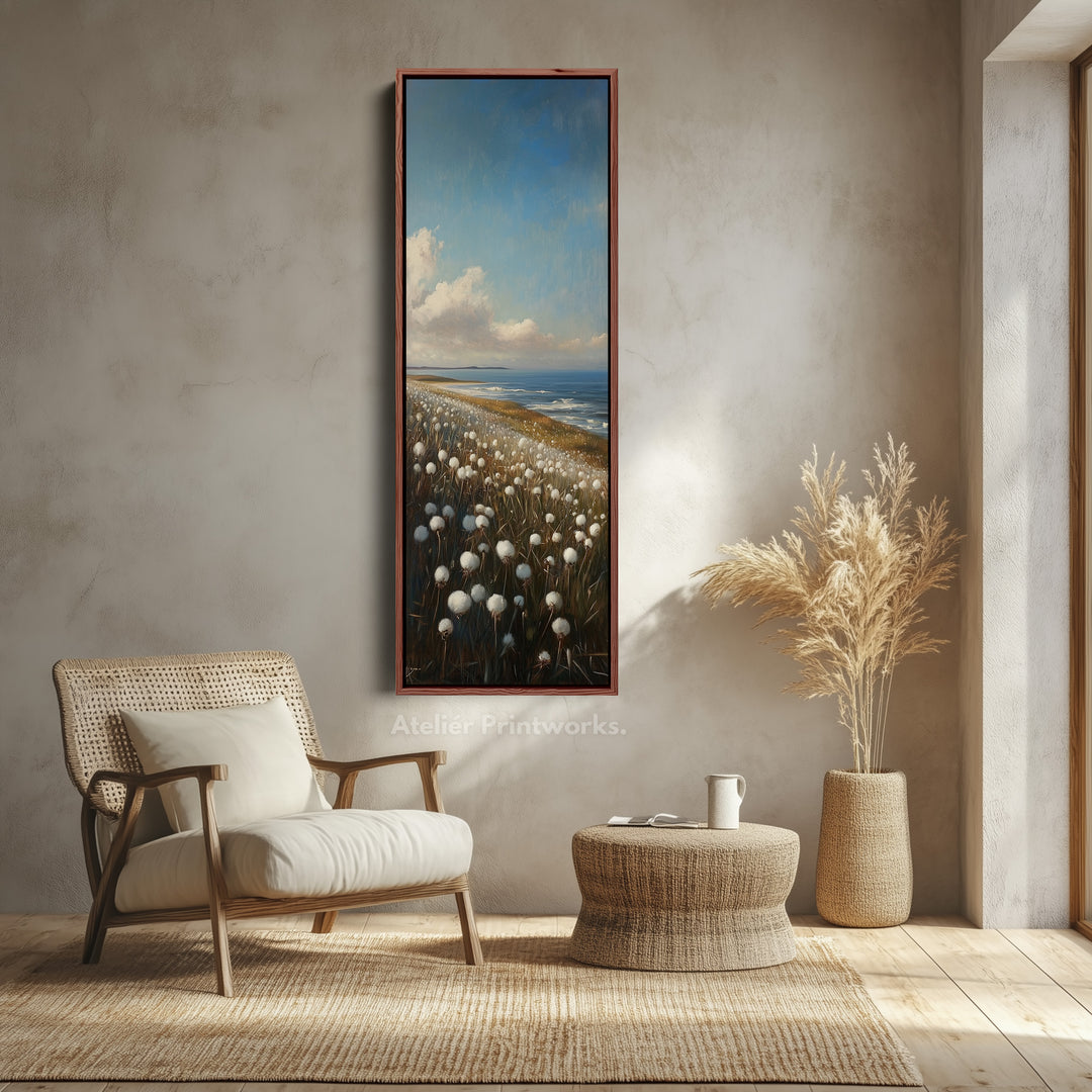 White Cotton Wild Flower Vertical Tall Wall Art Large Framed Canvas