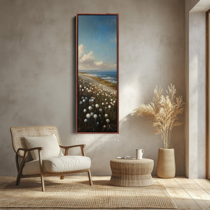 White Cotton Wild Flower Vertical Tall Wall Art Large Framed Canvas