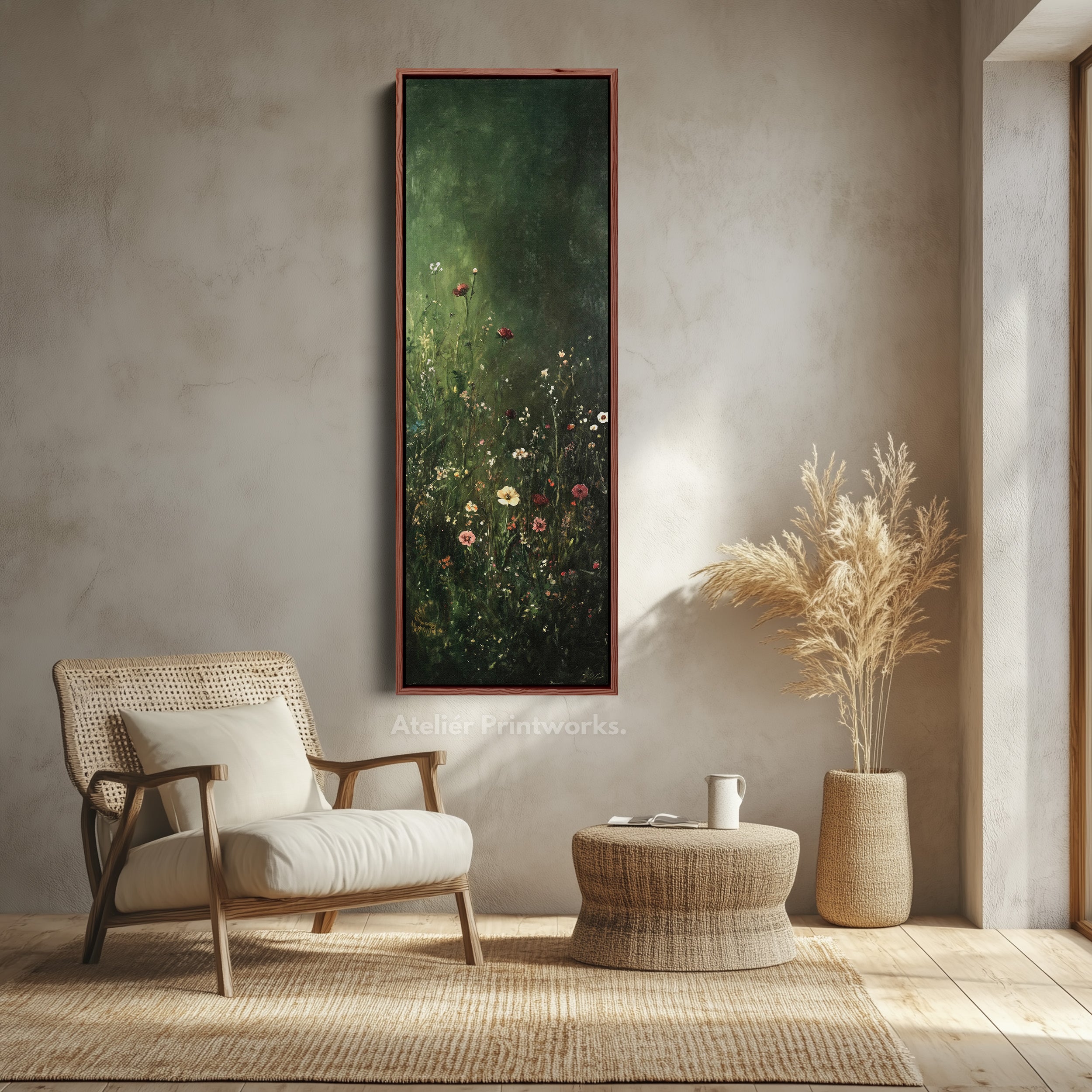 Vintage Wild Flowers Dark Green Vertical Wall Art - Tall Long