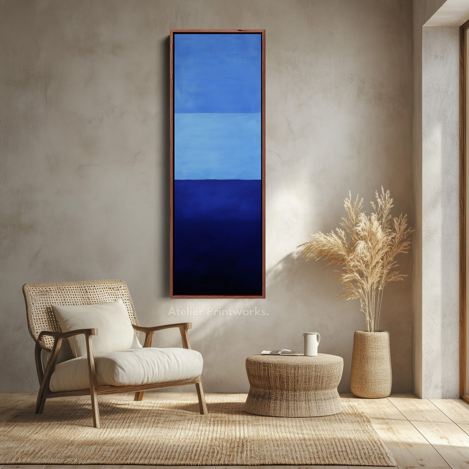 Minimalistische blauwe woonkamerdecoratie verticale wandkunst - lang smal verticaal