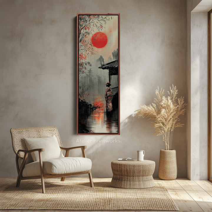 Japanese Geisha Long Narrow Framed Canvas Wall Art For Living Room