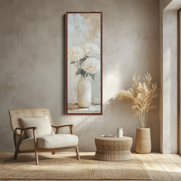 Tall Vertical Framed Canvas Beige Hydrangeas