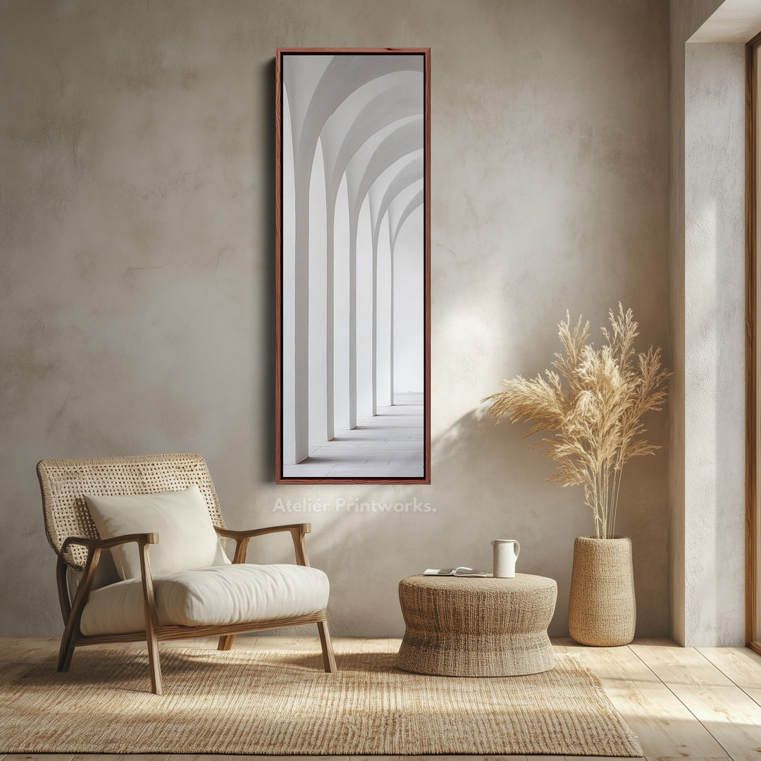 Longue toile verticale encadrée art mural minimaliste arche blanche