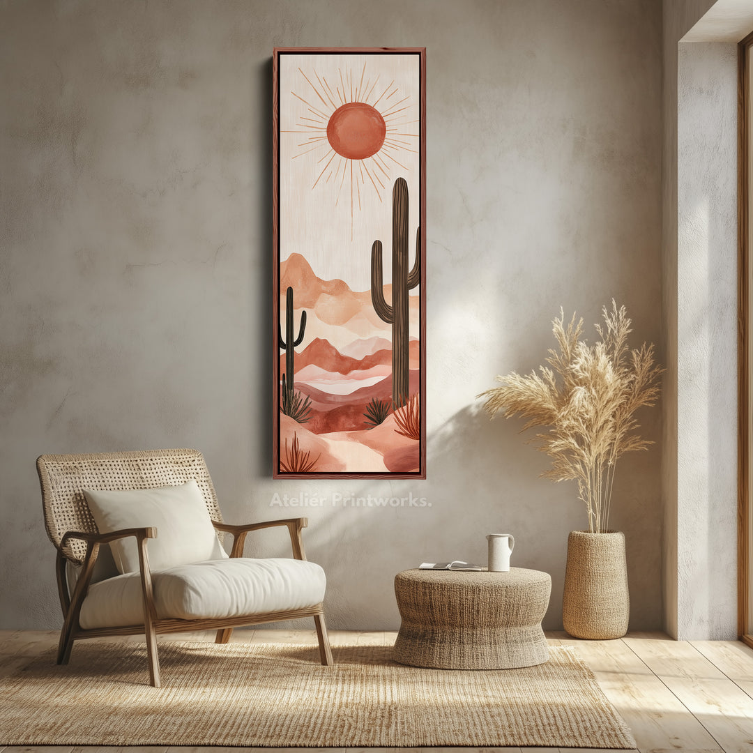 Long Tall Vertical Framed Canvas Wall Art Cacti Desert Landscape